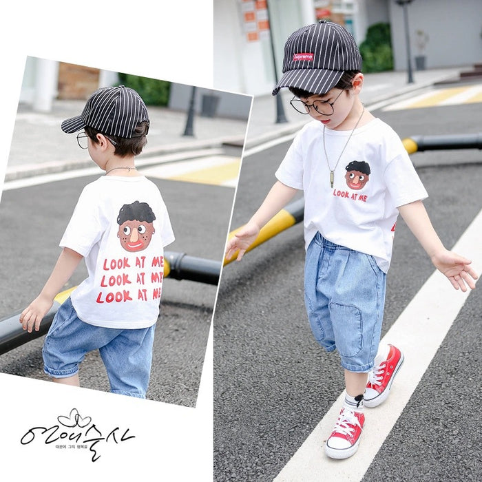 Short-sleeved Jeans Two-piece Boy Summer Suit 2021 New Children's T-shirt Summer Trendy Children's Fashion Clothes