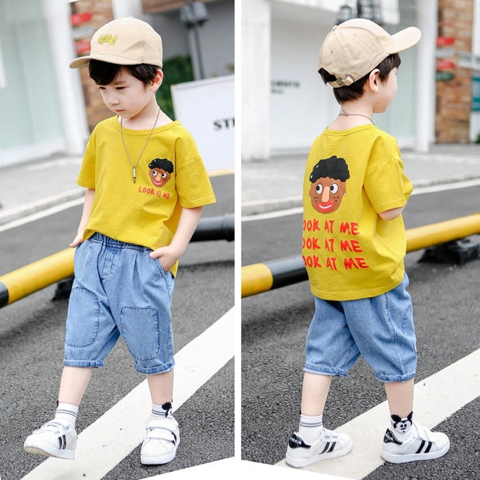 Short-sleeved Jeans Two-piece Boy Summer Suit 2021 New Children's T-shirt Summer Trendy Children's Fashion Clothes