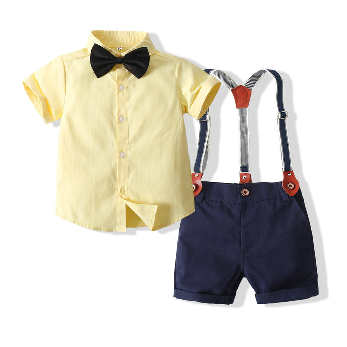 Boys Bib Shorts Short Sleeve Shirt Gentleman 2 Piece Suit