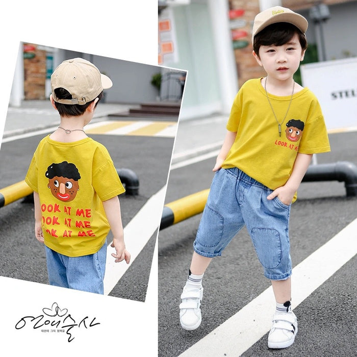 Short-sleeved Jeans Two-piece Boy Summer Suit 2021 New Children's T-shirt Summer Trendy Children's Fashion Clothes