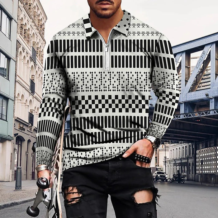 Vintage Print Men's Zip-Up POLO Shirt