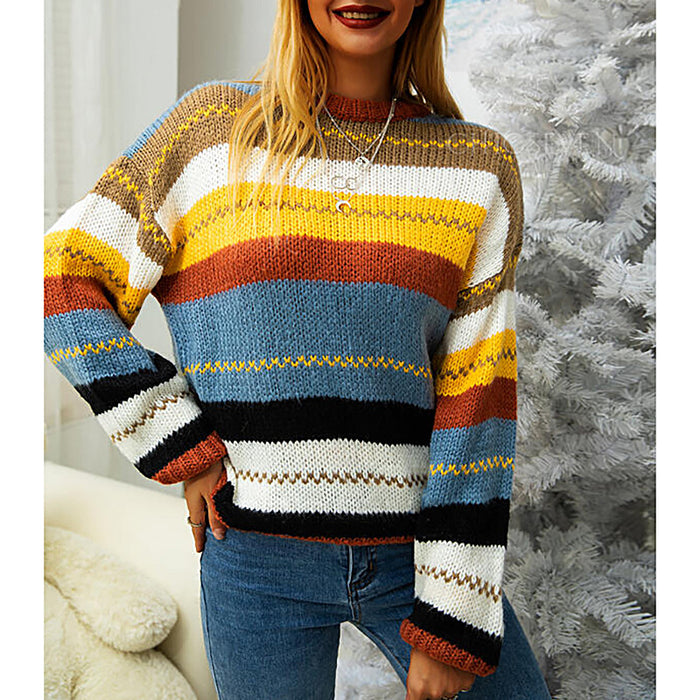 Ladies Color Stripe Stitching Round Neck Long-Sleeved Sweater