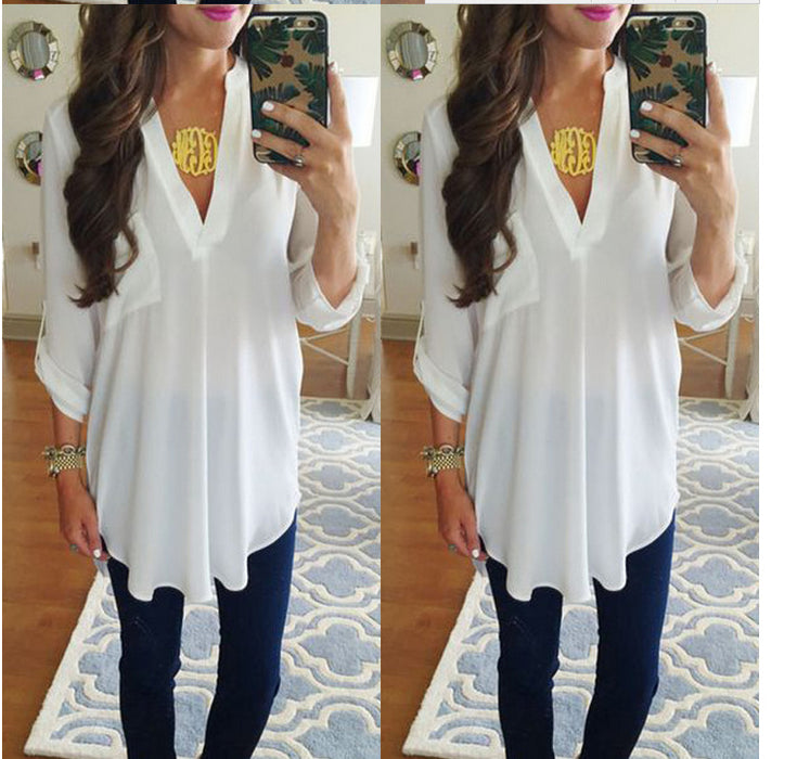 V-neck Long-sleeved Shirt Plus Size Loose T-shirt For Women