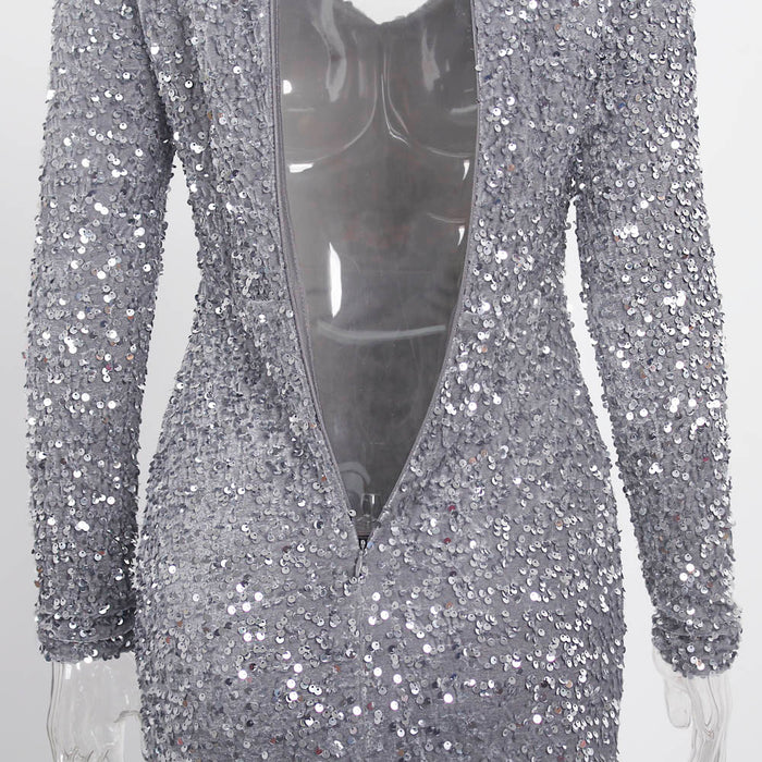 Fashion Sequin Square Neck Thin Silver Grey Party Dress