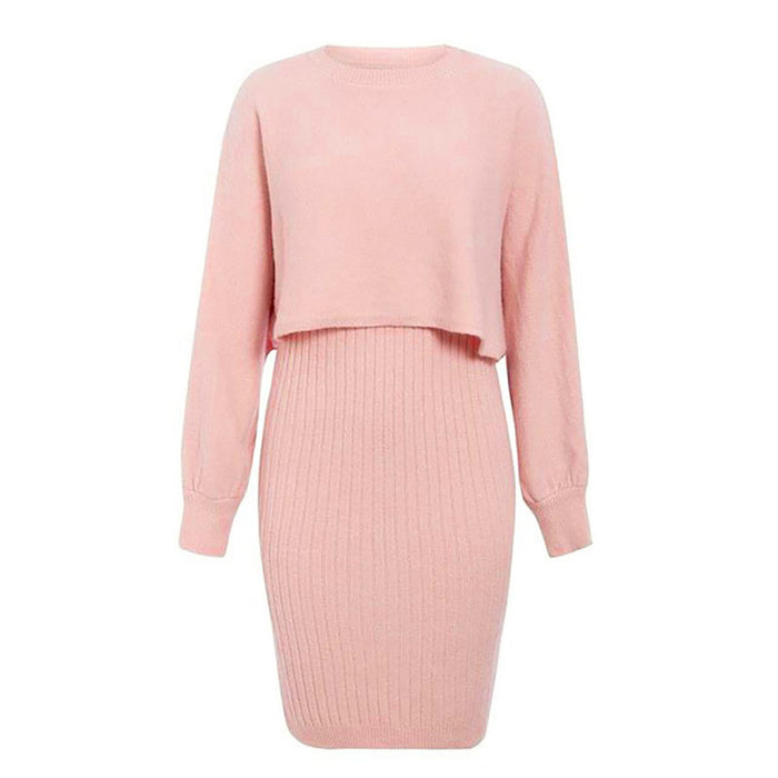 Solid Color Long-sleeved Knitted Sweater Dress