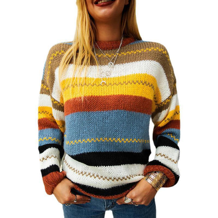 Ladies Color Stripe Stitching Round Neck Long-Sleeved Sweater