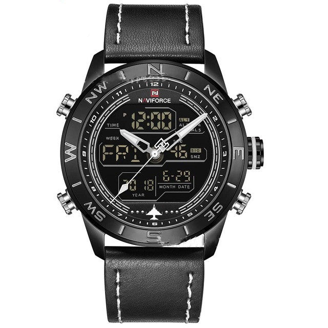 NAVIFORCE 9144 Mode Gold Männer Sport Uhren Herren LED Analog Digital Uhr Armee Militär Leder Quarzuhr Relogio Masculino