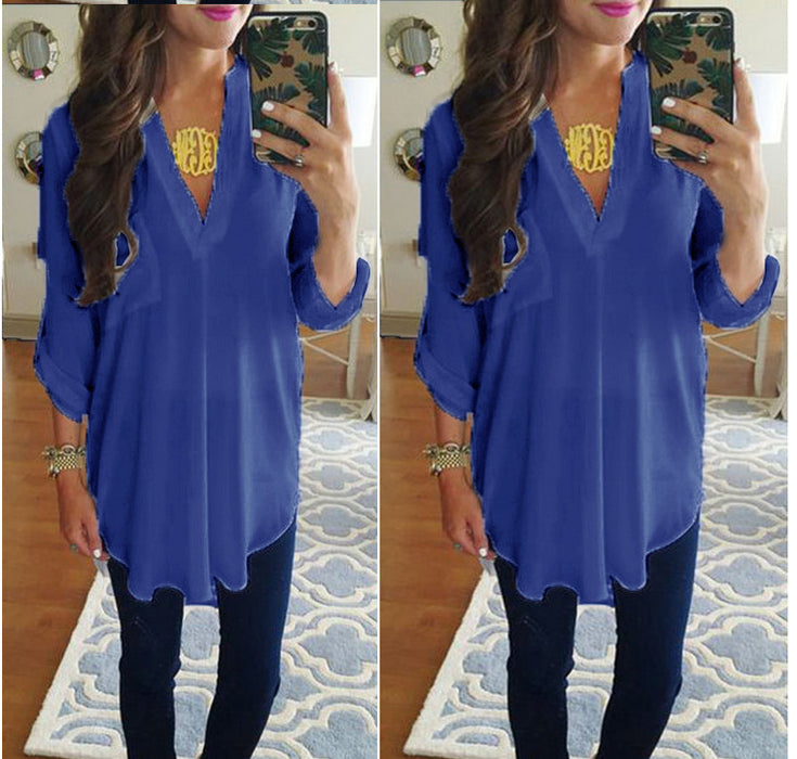 V-neck Long-sleeved Shirt Plus Size Loose T-shirt For Women