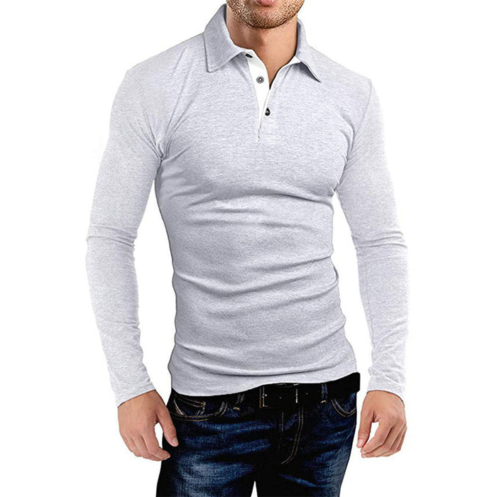 Men's Long-sleeved Solid Color Lapel T-shirt Men