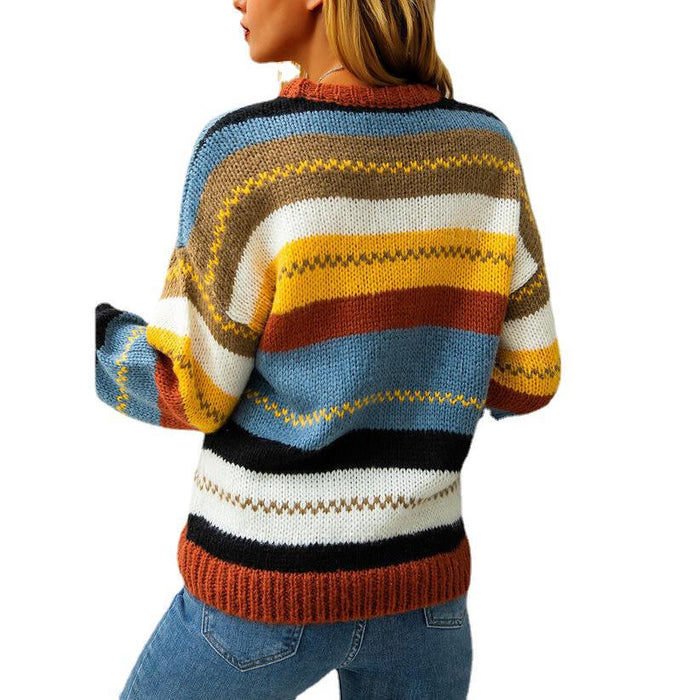 Ladies Color Stripe Stitching Round Neck Long-Sleeved Sweater