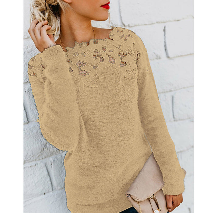 Lace Trim Solid Color Pullover Round Neck Knit Top Women's Sweater