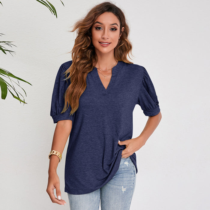 Women's Pleated Puff Sleeve Tops Summer V Neck T Shirts Casual Loose Blouses